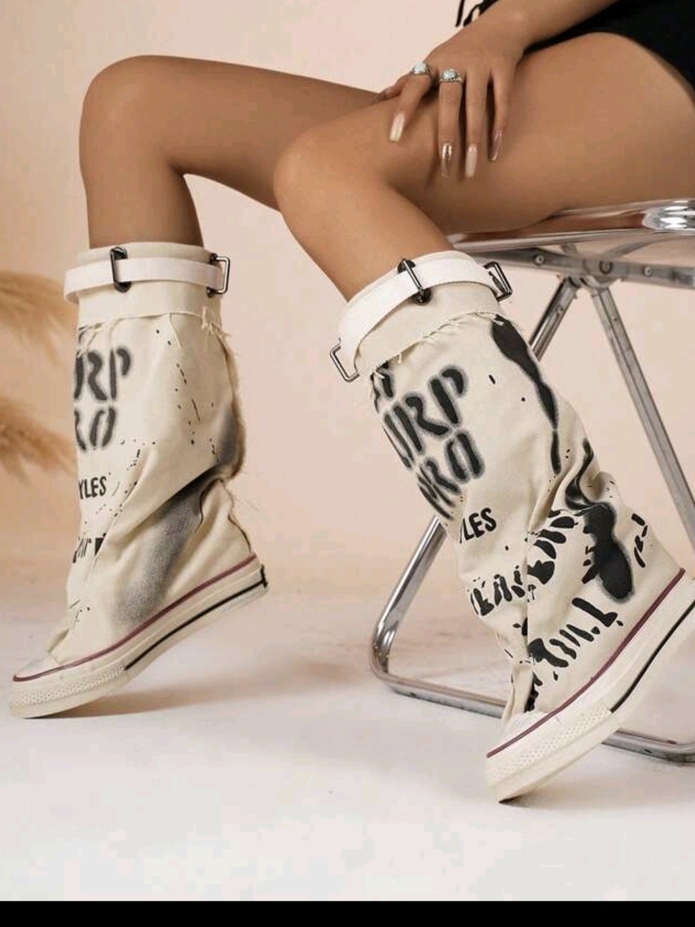 Canvas Graphic High-Top Women's Boots in Off-White